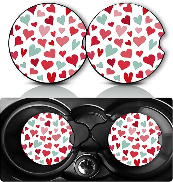2Pack Pink Heart Car Cup Holder Coaster,Heart Valentine's Gifts for Women Men,Vehicle Interior Drink Mat Reusable Neoprene Car Coasters for Cup Holders Decor,Charming Hearts Interior Accessories