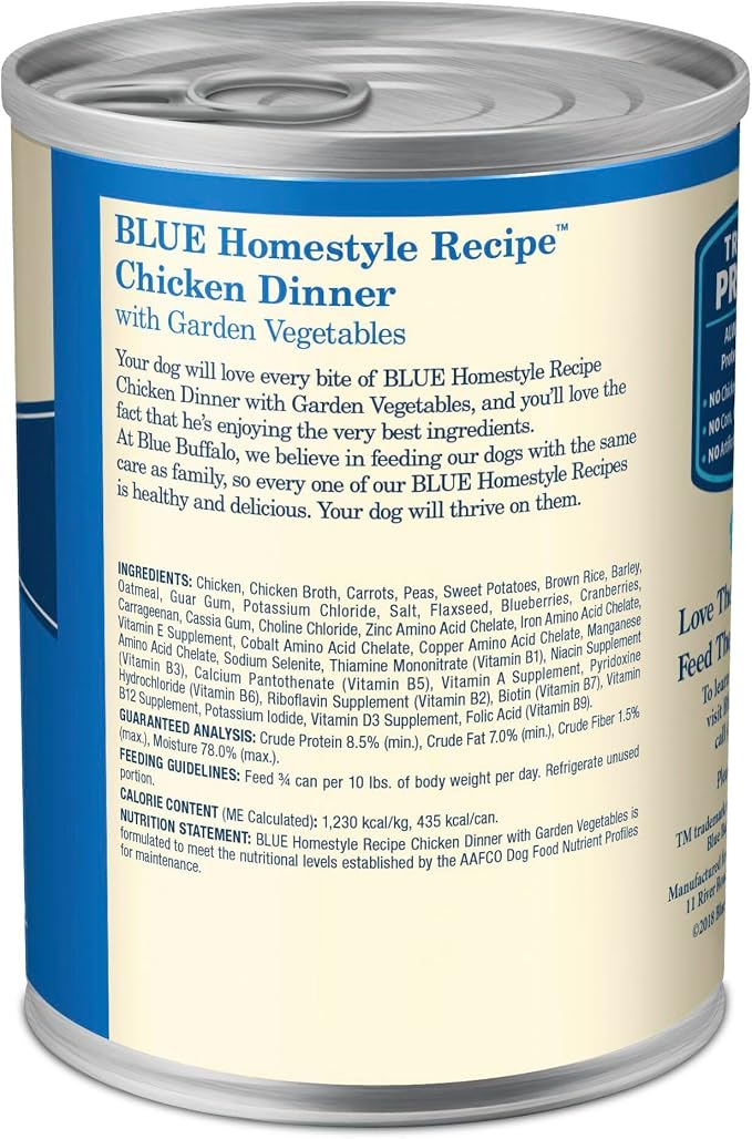 Blue Buffalo Homestyle Recipe Chicken Dinner with Garden Vegetables Natural Wet Dog Food for Adult Dogs, Paté with Natural Ingredients, Vitamins & Minerals, 12.5-oz. Can (12 Count)