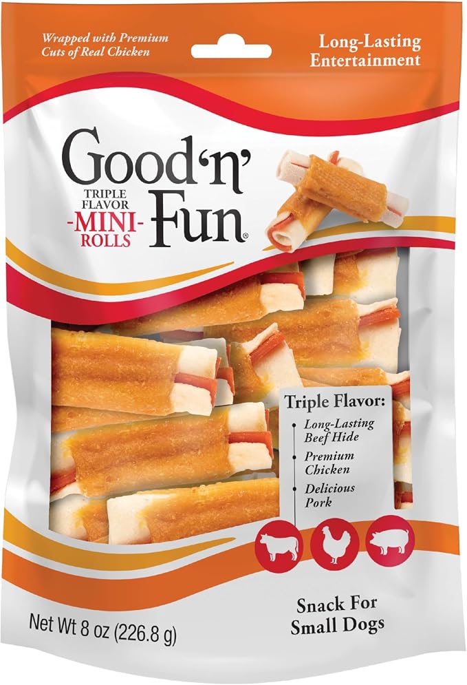 GOOD 'N' FUN Mini Rolls Long-Lasting Treat for Small Dogs, with Real Proteins, Beef Hide and Premium Chicken, Supports Dental Health, Mental Stimulation, 8 oz