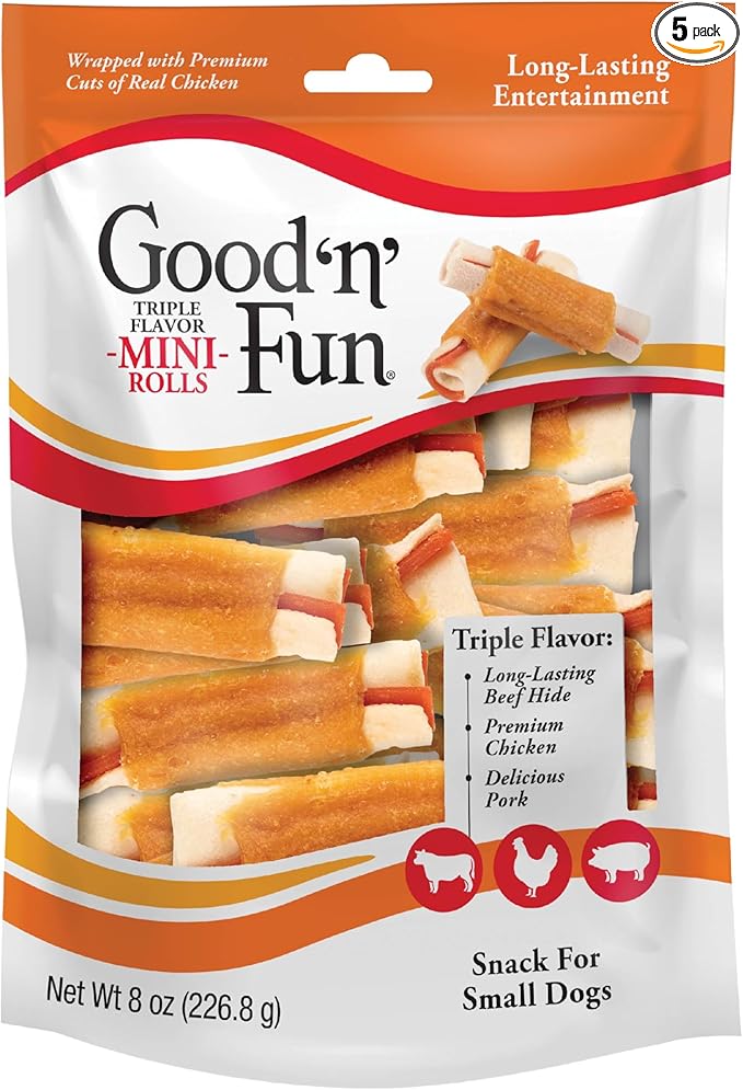 GOOD 'N' FUN Mini Rolls Long-Lasting Treat for Small Dogs, with Real Proteins, Beef Hide and Premium Chicken, Supports Dental Health, Mental Stimulation, 8 oz