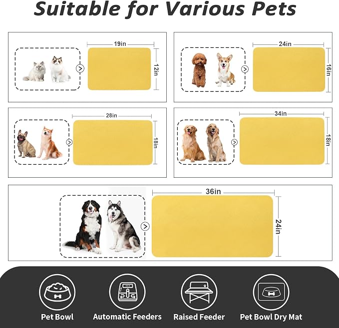 HotLive Dog Food Mat - Absorbent Cat Mat for Food and Water, No Stains Pet Feeding Bowl Mat, Easy to Clean Pet Placemats, Quick Dry Dog Water Dispenser Mat for Messy Drinkers | Yellow 16"x 24"