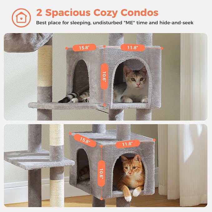 69” Tall Cat Tree for Indoor Cats Large Adult, Multi-Level Cat Tower with Scratching Post, Dual Top Perches, Big Hammock & 2 Spacious Condos, Cat Furniture for Multi-Cat Households, Grey
