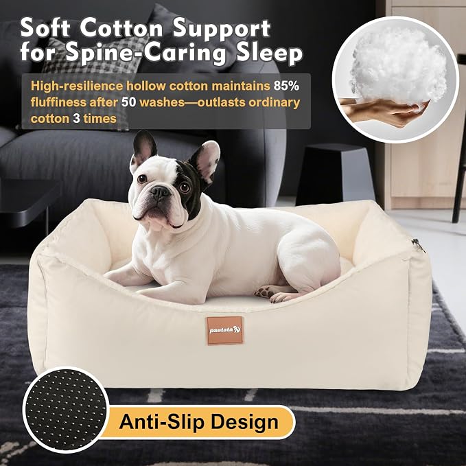 Calming Dog Bed for Medium Dogs,All-Season Leather,Non-Slip One-Key Detachable Washable Dog Bed for Small Dogs Cat Pet Beds with Sides and Cover (White, Medium)