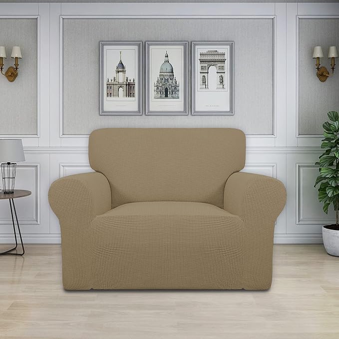 Easy-Going Stretch Oversized Chair Sofa Slipcover 1-Piece Couch Sofa Cover Furniture Protector Soft with Elastic Bottom for Kids Spandex Jacquard Fabric Small Checks Tan