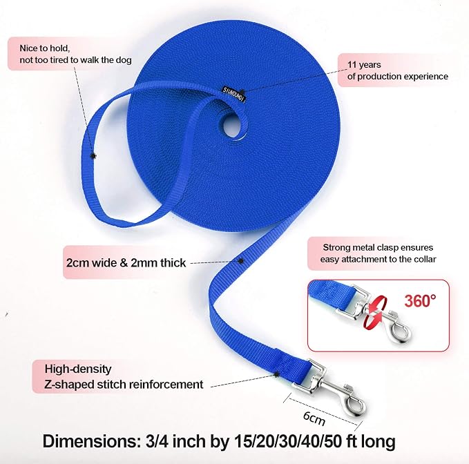 Dog/Puppy Obedience Recall Training Agility Lead - 15ft 20ft 30ft 50ft Training Leash - Great for Play, Camping, or Backyard - Blue 20ft