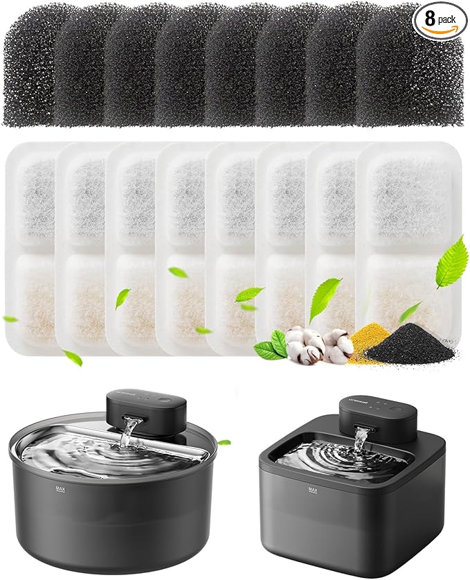 oneisall 8 Replacement Filters 4 Months Set for Cat Water Fountain PW13 PW14, Replacement Filters and Sponges for Ultra Quiet Pet Water Fountain, White 8 Count (Pack of 1)