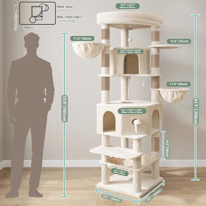 Cat Tree, 81.1" Skyward Corner Cat Tower for Large Cats with Diamond Hideout, Space-Smart Cat Furniture with Grand Platform, Firm Base, 3 Soft Hammock & Pet Relax Station, Beige VCT031MJ