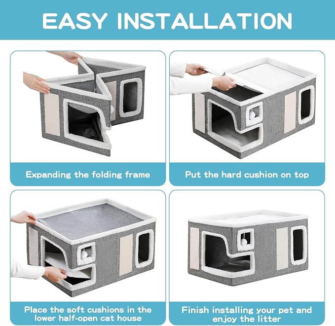Large Cat Houses for Indoor Cats, Extra Wide Cat Cave Bed with Scratch Pad and Fluffy Ball, Foldable Cat Hideaway Condo for Large Cats, Modern Kitten Bed,23x16x13 inches (Grey, X-Large)