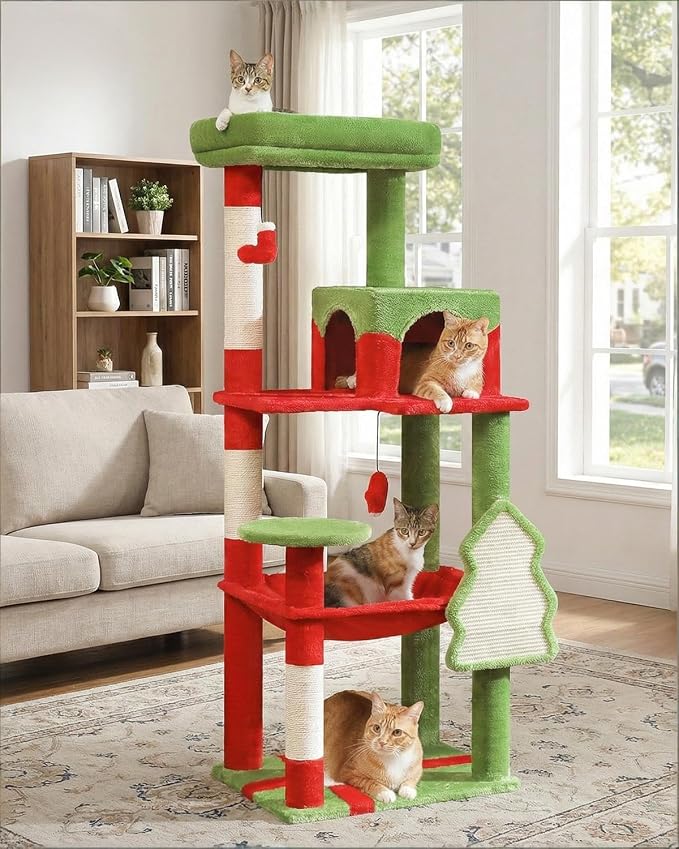 MUTTROS Cat Christmas Tree for Indoor Cats – 56.3“ Cat Proof Christmas Tree Tower with Large Hammock, 3 Scratching Posts & 3 Christmas Toy Balls – Holiday Cat Tree with Festive Decor, Christmas Red