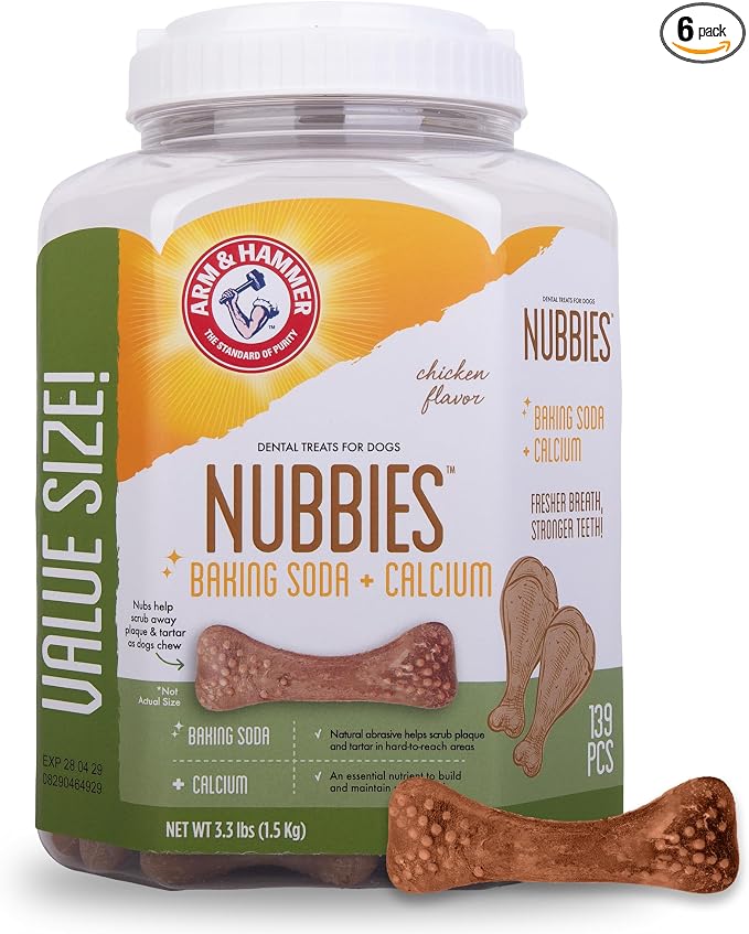 Arm & Hammer for Pets Nubbies Dental Treats Value Size Baking Soda Calcium Dog Dental Chews Scrubs Plaque Tartar Chicken Flavor 139 Count 52.8 OZ 6 Pack
