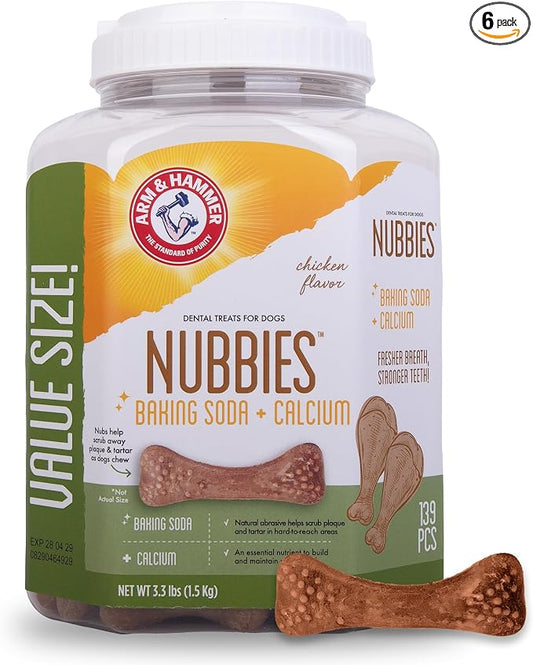 Arm & Hammer for Pets Nubbies Dental Treats Value Size Baking Soda Calcium Dog Dental Chews Scrubs Plaque Tartar Chicken Flavor 139 Count 52.8 OZ 6 Pack