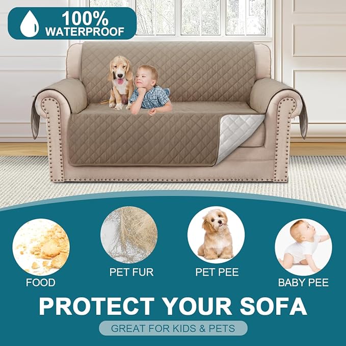 Turquoize 100% Waterproof Couch Cover Sofa Covers for 2 Cushion Couch Loveseat Covers Triple Non-Slip Couch Cover for Dogs Washable Furniture Protector Cover for Pets, Kids (Loveseat 54", Taupe)