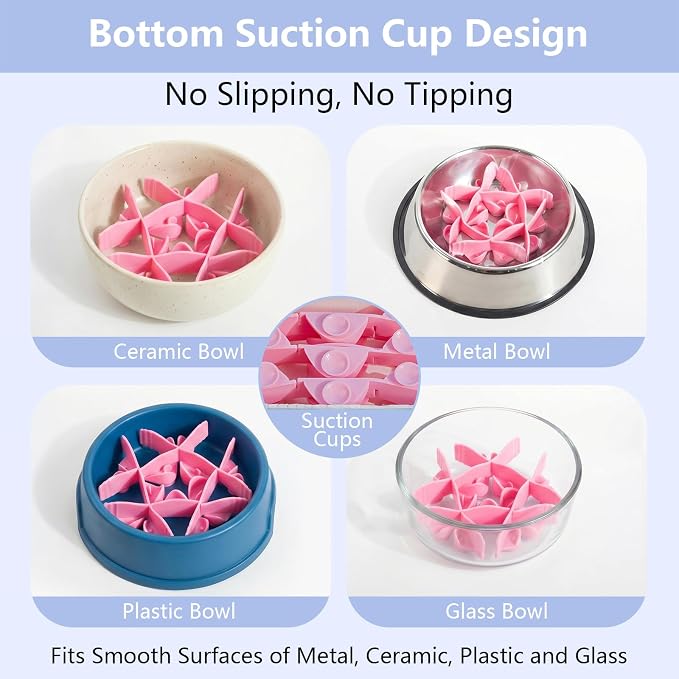Silicone Dog Slow Feeder Bowl Insert with Suction Cups, Cuttable Food-Grade Lick Mat Divider Fits Stainless Steel Ceramic Glass Dog Bowls, Helps Slow Down Eating, Pink