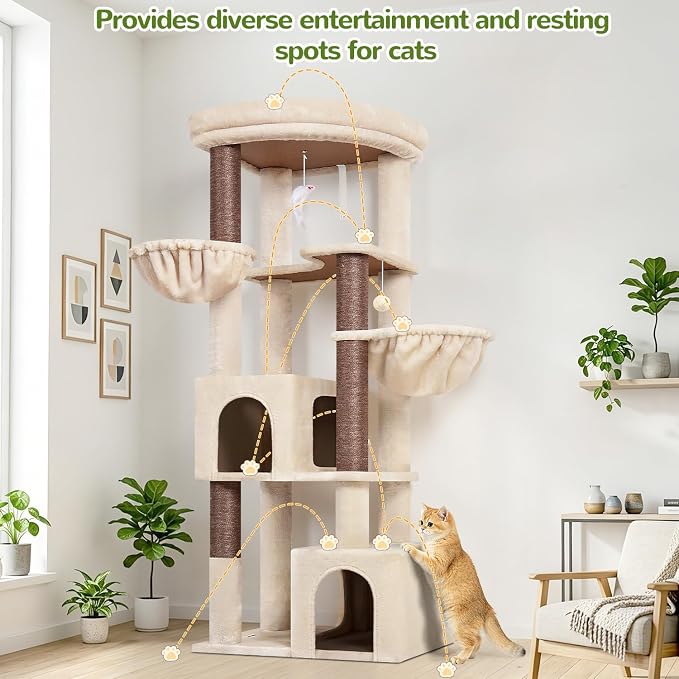 Globlazer 64in Corner Cat Tree for Large Indoor Cats, Space Saving Multi-Level Cat Tower with 2 Condos, 2 Hammocks, 4 Sisal Scratching Posts, C64, Beige