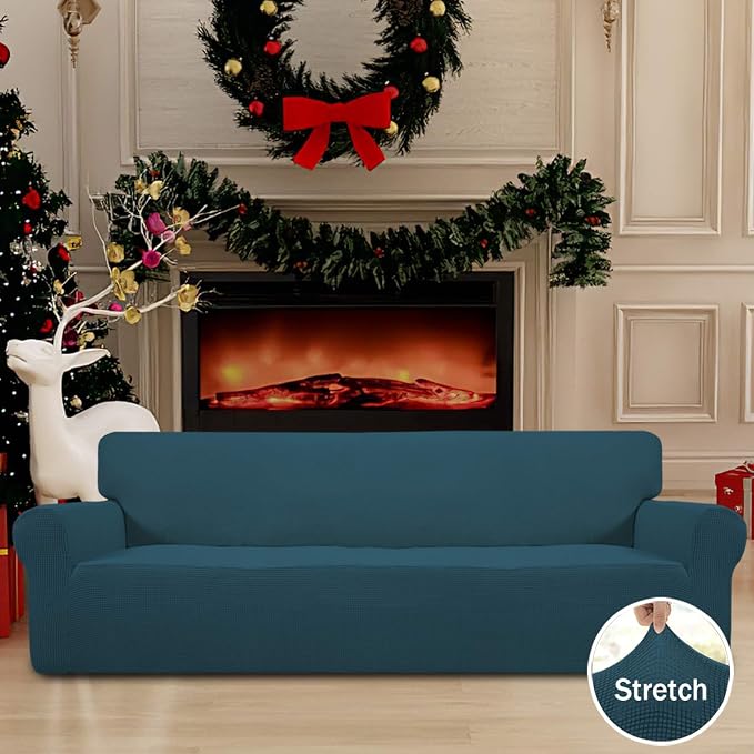 Easy-Going Stretch 4 Seater Sofa Slipcover 1-Piece Sofa Cover Furniture Protector Couch Soft with Elastic Bottom for Kids, Polyester Spandex Jacquard Fabric Small Checks Deep Teal