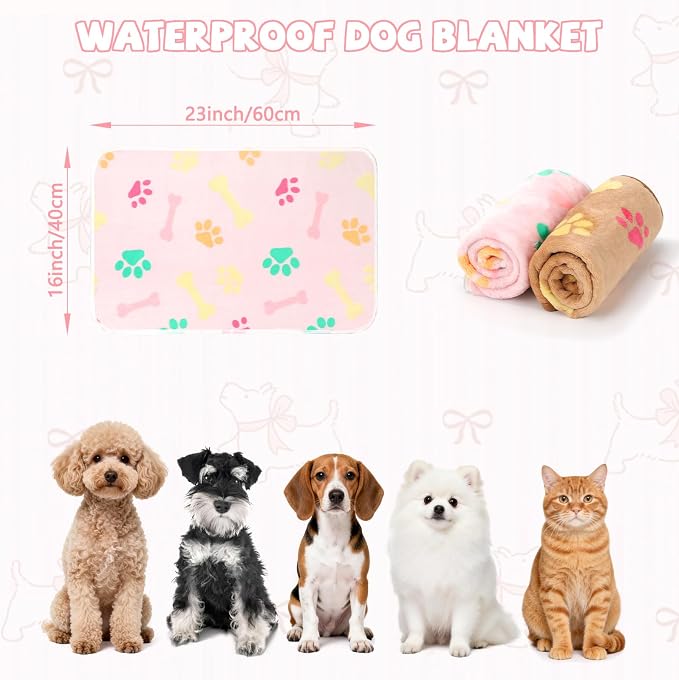 YUEPET Waterproof Dog Blankets, 2 Pack Washable Dog Blankets for Bed Couch Sofa Protector Fleece Flannel Puppy Blanket Soft Plush Reversible Throw Blanket for Small Dogs Cats 23"×16"(Pink+Brown)