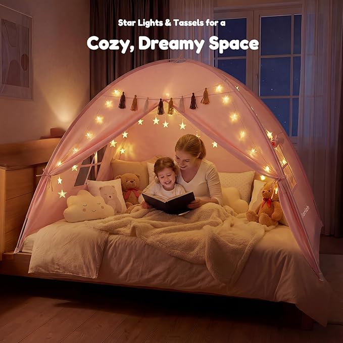 Gorich Twin Bed Tent for Kids, Indoor Privacy Toddler Sleeping Canopy with Mesh Window, Fits Bunk or Floor Bed, Include Star Lights & Tassels, Cozy Playhouse for Boys Girls Birthday