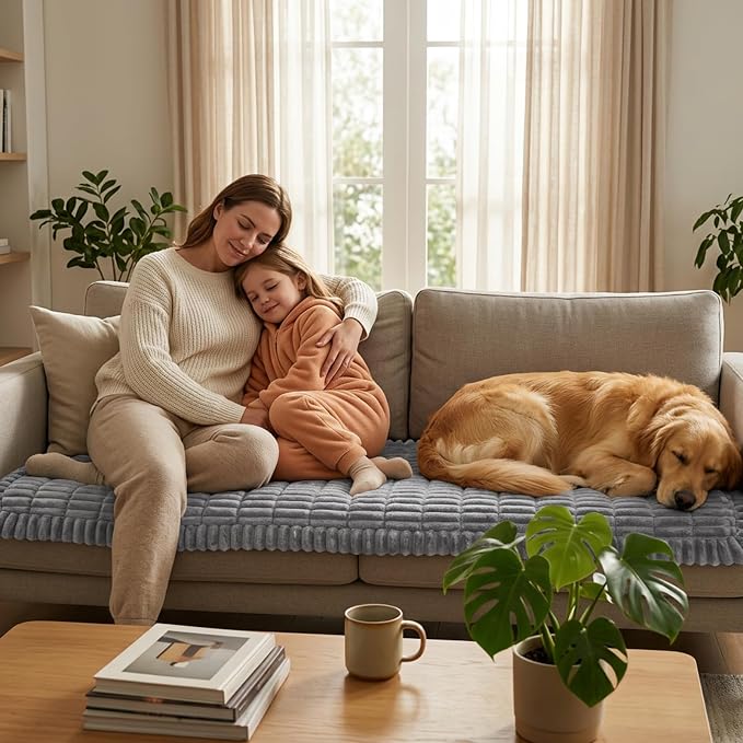 Fixwal Waterproof Dog Couch Cover, Washable Non-Slip Pet Couch Covers for Sofa, Leak-Proof Sofa Protector for Dogs, Pet Friendly Thick Soft Fuzzy Furniture Cover (Light Grey, 27.6" x 70.9")