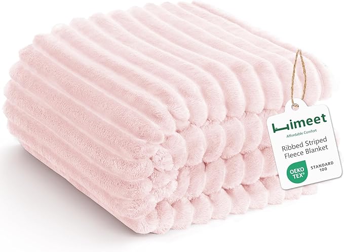 HIMEET Fleece Pink Throw XL Blanket for Couch - 300GSM Ribbed Soft Cozy Nap Blankets for Travel, New Home Birthday Gifts for Women Men Her, Long Sofa Aesthetic Room Decor Office Throws, 50x70 Inches