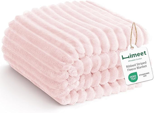 HIMEET Fleece Pink Throw XL Blanket for Couch - 300GSM Ribbed Soft Cozy Nap Blankets for Travel, New Home Birthday Gifts for Women Men Her, Long Sofa Aesthetic Room Decor Office Throws, 50x70 Inches