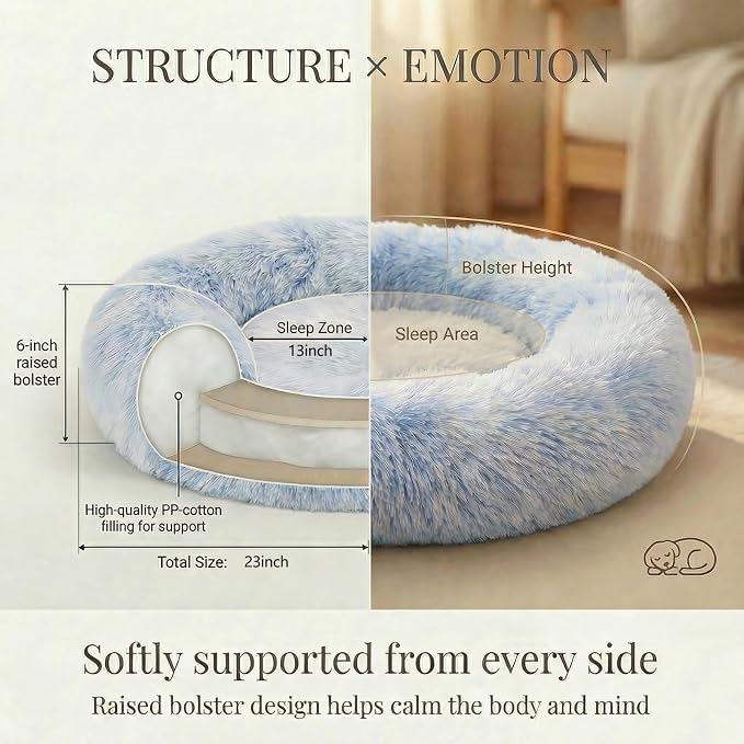 Calming Donut Dogs Beds for Small Dogs Washable,23inch Plush Round Pet Bed for Cozy Sleep,Fluffy Faux Fur Large Cat Bed,Fits up to 25 lbs Pets,Gradient Blue