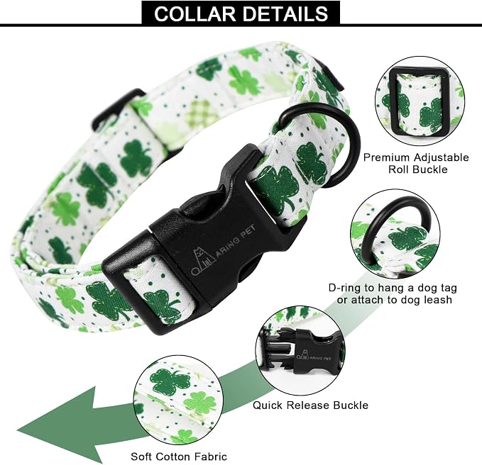 ARING PET St Patrick's Day Dog Collar, Cute White Clovers Pet Collars with Quick Release Buckle for Puppy Small Medium Large Boy Girl Dogs-XS