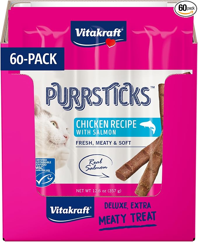 Vitakraft PurrSticks for Cats - Nutritious & Healthy Soft Cat Treats - Gently Oven Roasted Meat Sticks for Cats w/ 70% Meat - Easy-to-Serve Cat Chew Sticks (Salmon, 60 Pack)