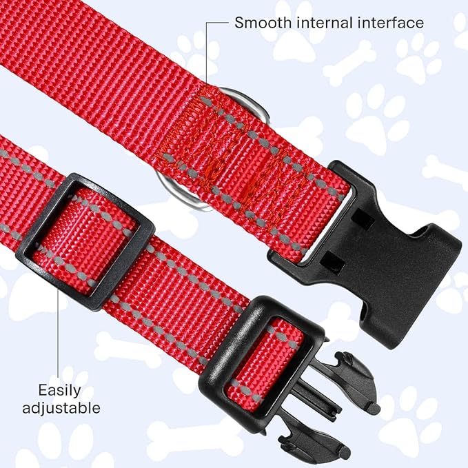 FunTags Length 8" - 12" Reflective Red Dog Collar for Extra Small Dogs – Night Walking & Training Safety, Durable Quick Release Buckle, Nylon, Comfortable Adjustable, Width 5/8"