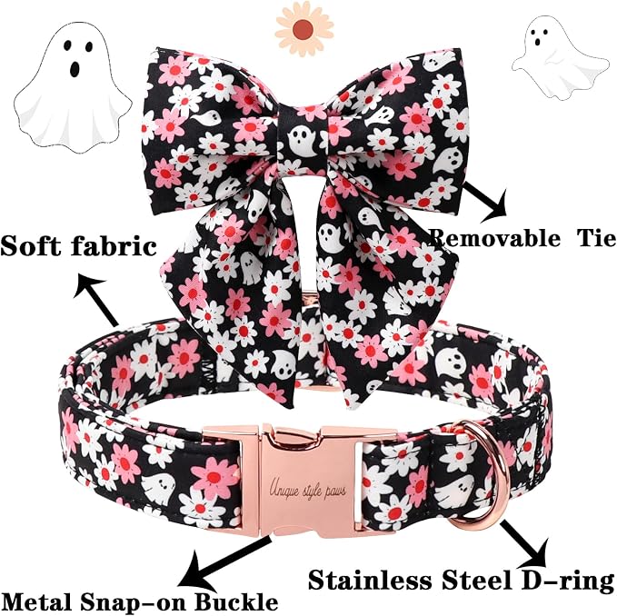 Unique style paws Cartoon Dog Collar with Bowtie Autumn Halloween Puppy Collar with Ghost Flower for Small Medium Large Boys Girls Dogs
