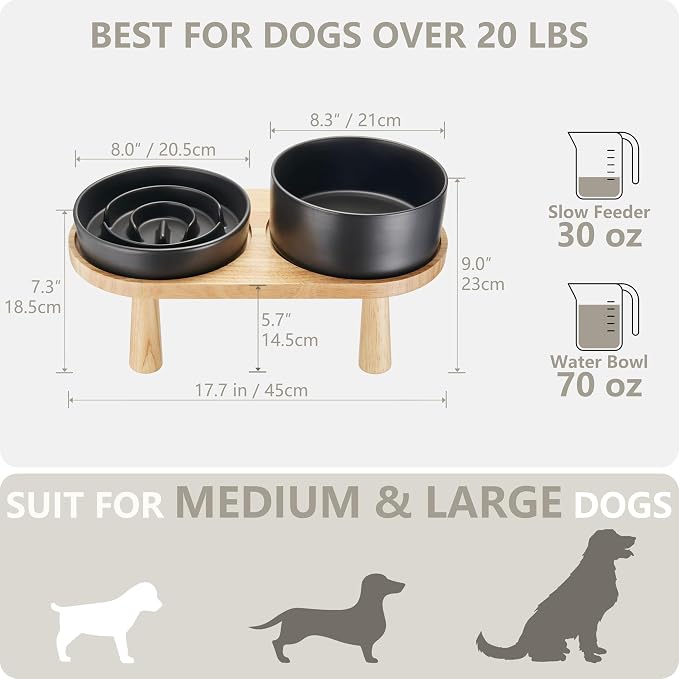 Ceramic Slow Feeder and Water Bowl Set for Medium and Large Dogs, 8.0 Inches Ceramic Dog Bowls Elevated with Wooden Stand, 2.0 Cups Dog Slow Feeder(30oz) and 70oz Water Bowl Set, Black