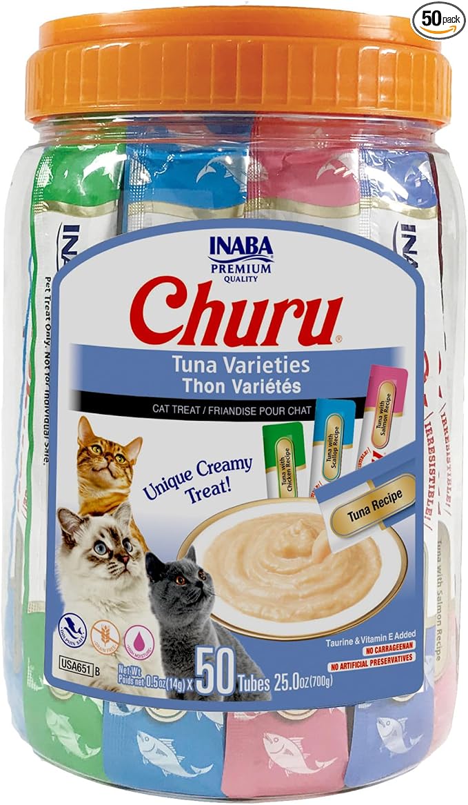 INABA Churu Cat Treats, Lickable, Squeezable Creamy Purée Cat Treat with Green Tea Extract & Taurine, 0.5 Ounces Each Tube, 50 Tubes, Tuna Variety