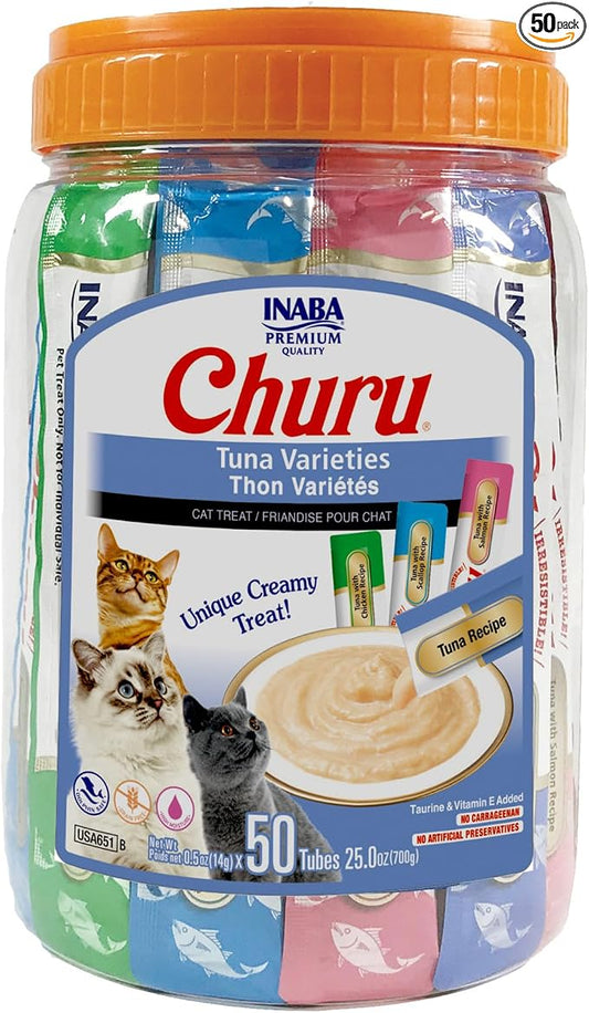 INABA Churu Cat Treats, Lickable, Squeezable Creamy Purée Cat Treat with Green Tea Extract & Taurine, 0.5 Ounces Each Tube, 50 Tubes, Tuna Variety
