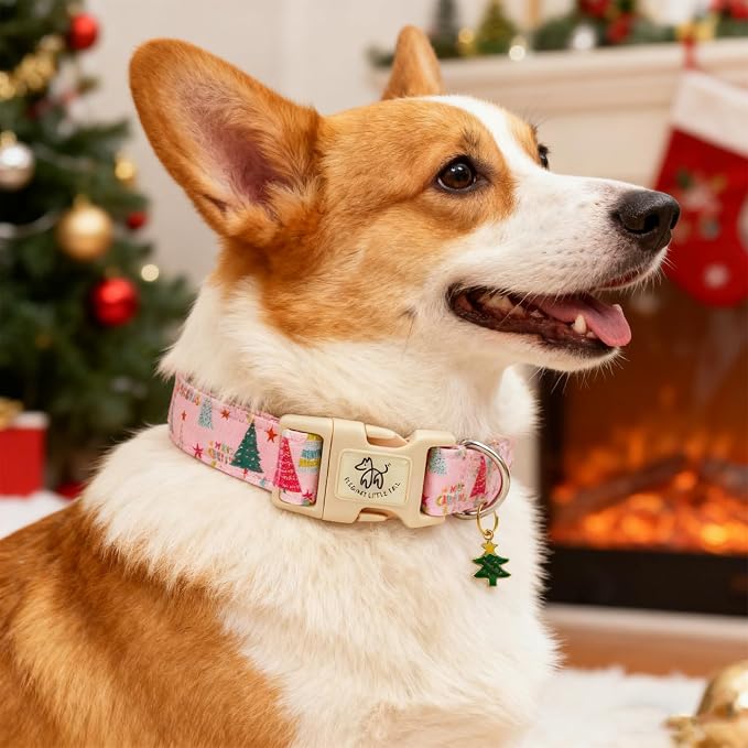 Elegant little tail Christmas Dog Collar - Christmas Tree Pink Pet Collar Cotton Soft Plastic Buckle Sturdy Puppy Collars Holiday Female or Male Adjustable Collar for Small Puppy
