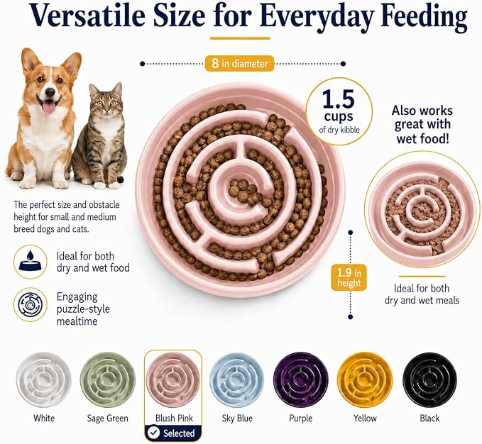 Ceramic Slow Feeder Dog Bowls with Anti-Slip, Slow Feeder & Non-Slip Design, Boredom and Anxiety Reducer, Suitable for All Breed Dogs and Cat (Ceramic-Pink)