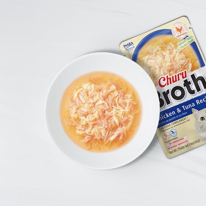 INABA Churu Broth for Cats, Side Dish Pouch, 1.4 Ounces per Pouch, 12 Pouches, Chicken with Salmon Recipe