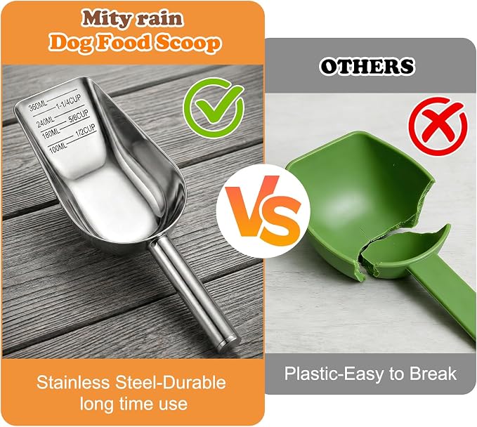Mity rain Dog Food Scoop Stainless Steel with Long Handle, Precise Dog Food Measuring Cup 1.5, 1 1/4, 1, 3/4, 1/2 Cup, Pet Scoop for Cats, Rabbits, Animals, Metal Spoon for Dog Food Storage (1.5CUP)