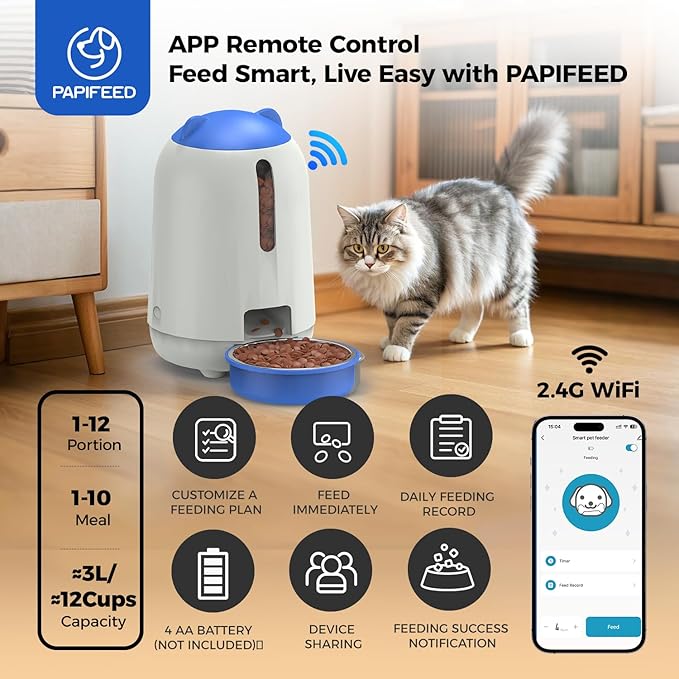 PAPIFEED 2-in-1 Automatic Cat Feeder and Pet Camera Combo, 1080P HD & 360°Pan-Tilt, 3L Cat Food Dispenser with App, 2.4G WiFi Timed Cat Feeder for Dry Food, Automatic Cat Feeder with Camera