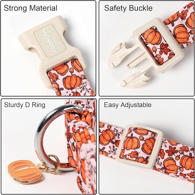 DOGWONG Pumpkin Dog Collar- Cute Pink Fall Dog Collars Adjustable Maple Fall Dog Collar for Small Medium Large Dogs XS