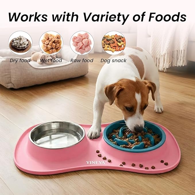 YINEYA 3 in 1 Slow Feeder Dog Bowls & Stainless Steel Food and Water Bowl with Non-Spill Dog Bowl Mat, Anti-Choking Puppy Bowls, Floor Safe & Easy Clean for Large Medium Small Dogs Cats
