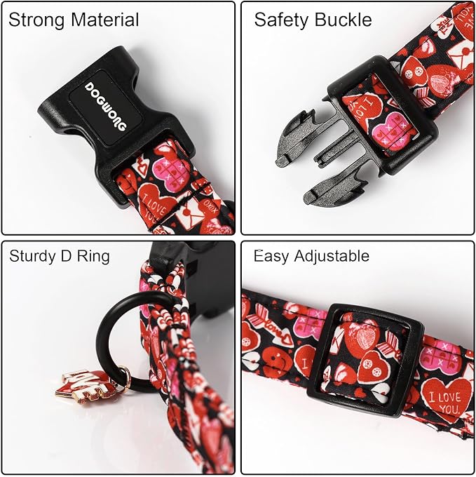 DOGWONG Valentine Dog Collar- Cute Red Heart Dog Collars Adjustable Durable Designer Valentine’s Day Dog Collar for Small Medium Large Dogs S