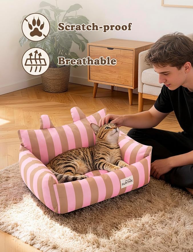 Cat Couch, Reversible Pet Bed for Indoor Cats – 2-Sided Cat Sofa with Oxford Fabric and Plush Fleece, Washable Small Dog Couch for Puppies and Senior Pets, Non-Slip Bottom, 22 inch, Pink Brown