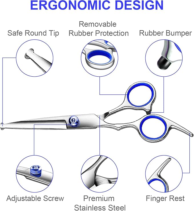 TINMARDA Dog Grooming Kit, Professional Stainless Steel Dog Grooming Scissors with Curved Shears, Blue Finger Rings - 4 Piece Sharp Durable Pet Shears for Dogs Cats At Home Salon-Quality Grooming