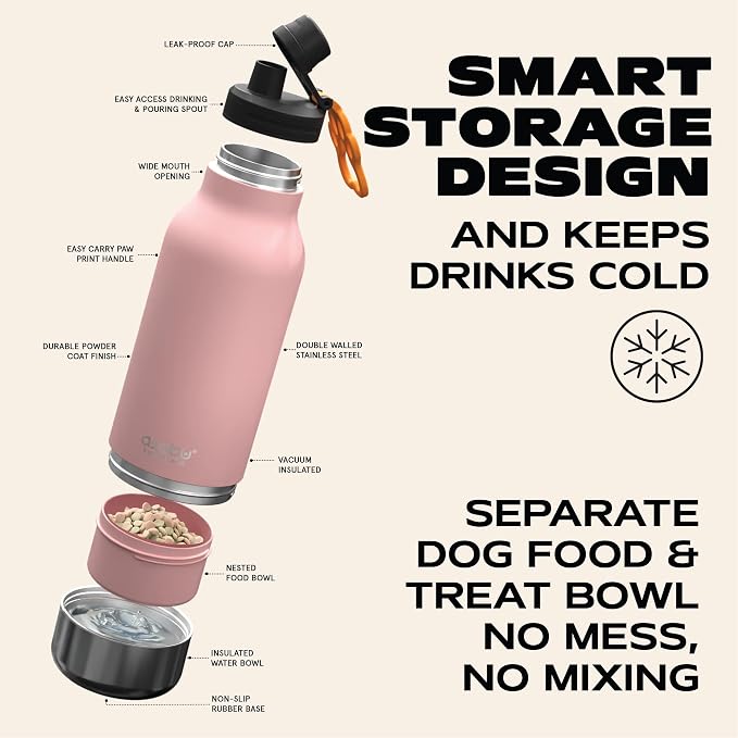 asobu Dog Barky Bottle – Insulated Stainless Steel Water Bottle with 2 Removable Dog Bowls for Food, Treats & Water – Pet-Friendly Travel Bottle for Hiking, Road Trips & Outdoor Adventures