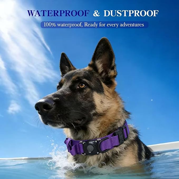 Upgraded AirTag Dog Collar,Waterproof Tactical Dog Collar with AirTag Holder, Control Handle and Metal Buckle,Heavy Duty Dog Collars for Large Dogs Adjustable Heavy Duty Dog Collars(DeepPurple，XXL