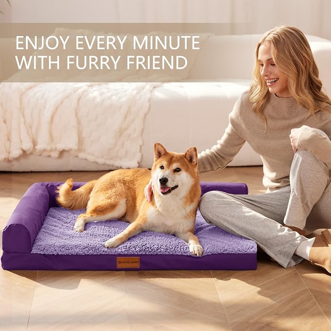 Patas Lague Orthopedic Dog Bed Medium Size Dog 30''X20'', Waterproof L Bolster Medium Pet Sofa Beds with Removable Washable Cover, Soft Pet Couch Crate Mat with Nonskid Bottom, Purple