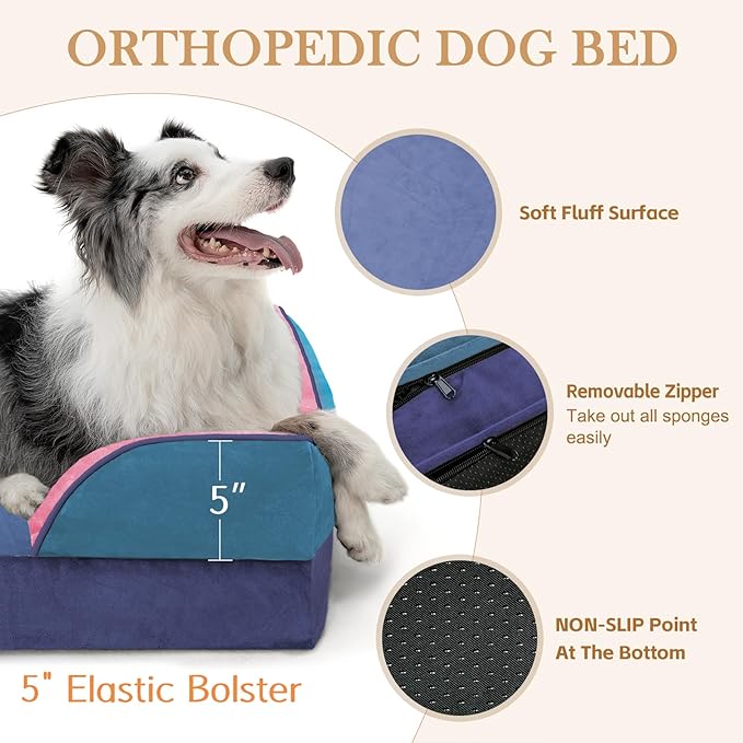 Comfort Expression Orthopedic Dog Bed for Extra Large Dogs 42x30 Inch, Waterproof Egg Crate Foam XL Pet Bed with Bolsters, Dog Couch with Washable Cover & Non-Slip Bottom, Enchanted Cove