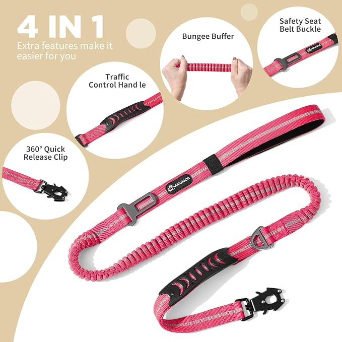 Heavy Duty Tactical Dog Leash, 4-6FT Shock Absorbing Bungee Lead with 2 Padded Handles, Metal Carabiner & Seatbelt Clip, Reflective No-Pull Leash for Medium/Large Dogs (Pink)