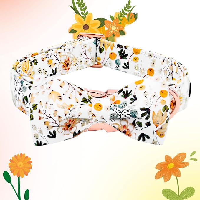 Elegant little tail Dog Collar, Floral Pattern Pet Collars with Bow Girl Cotton Bowtie Collars Spring Puppy Gift Adjustable Pet Collar for X-Large Dogs