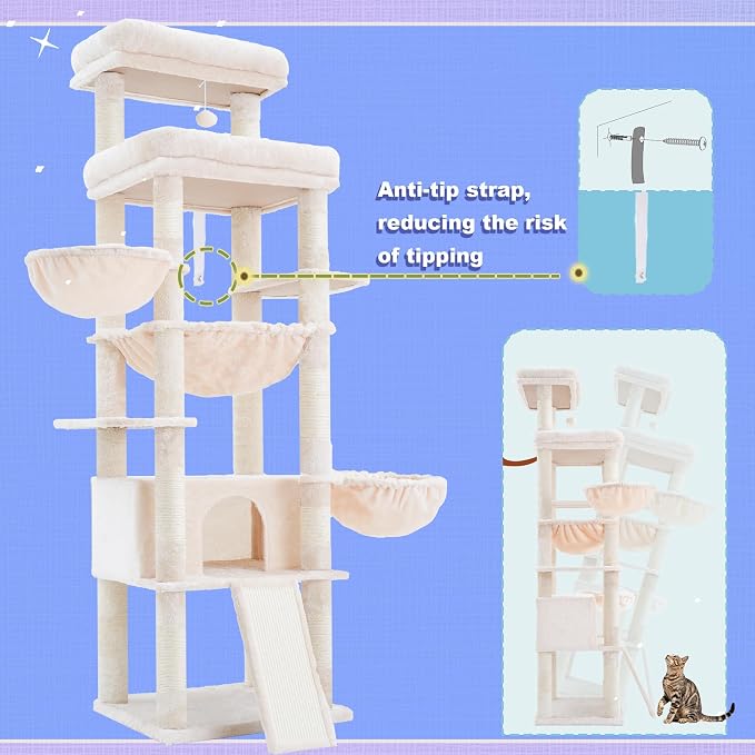 Hey-brother Cat Tree Tower, Scratching Posts with Extra Large Platform and Basket, Specious Condo, 2 Cozy Hammocks, Scratch Board for Indoor Adult Cats, Maine Coon 71.7 inches, Beige MPJ080M