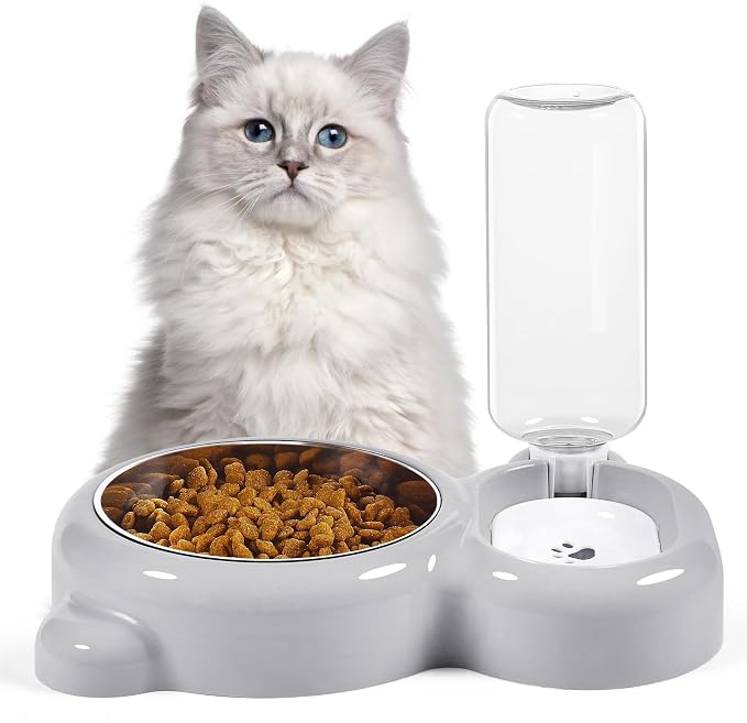 Double Dog Cat Bowls, Cat Food and Water Bowl Set with Auto-Water Dispenser and Stainless Steel Bowl Feeder for Small Size Dogs & Cats, Anti-Slip & Splash Design, Cute Gray